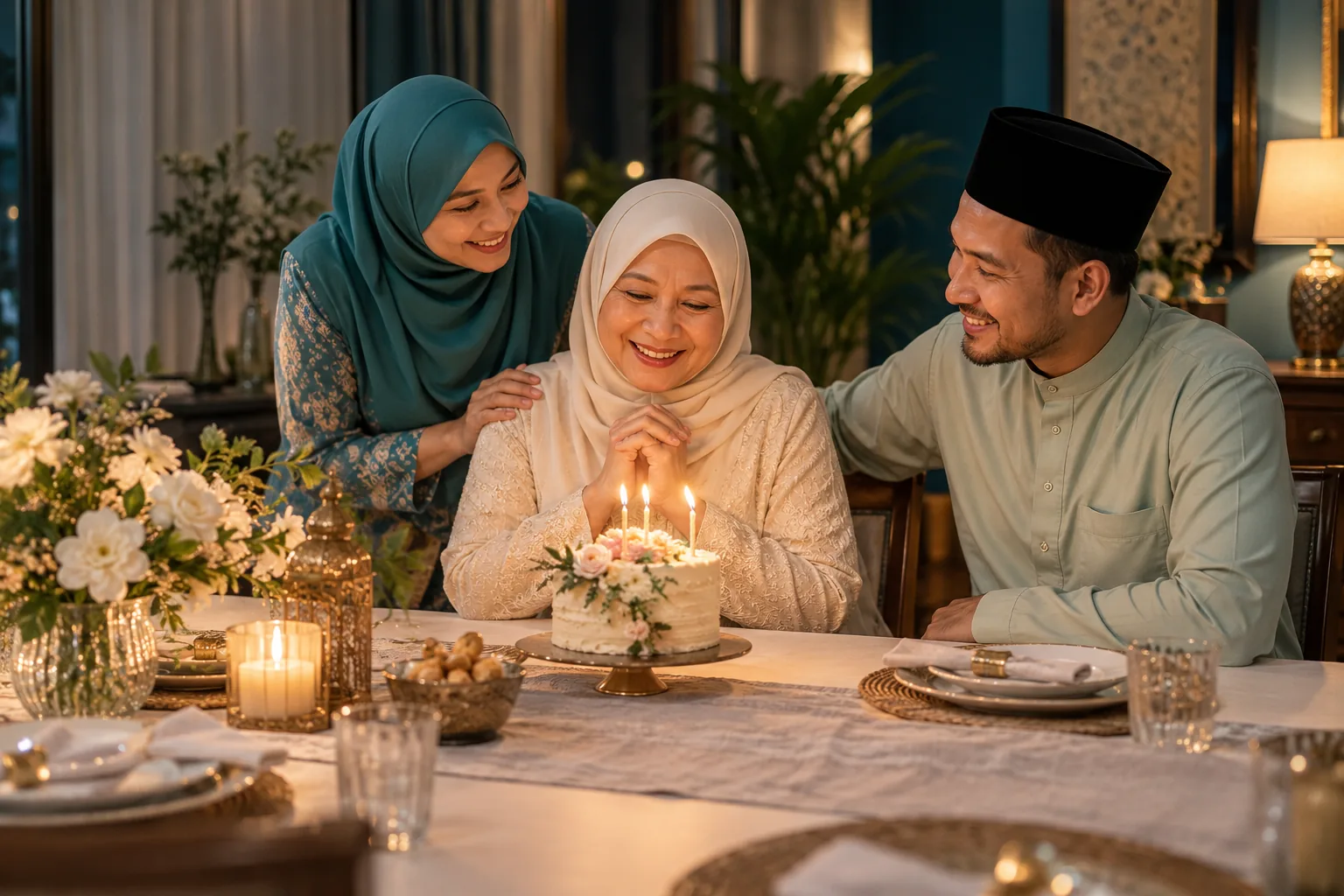 Sekumpulan orang dewasa meraikan hari lahir di sekeliling kek