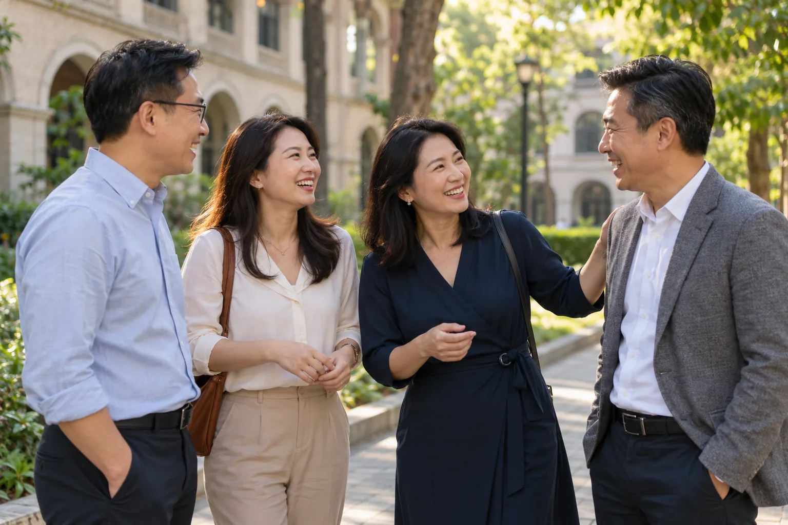 Alumni meeting in a campus courtyard