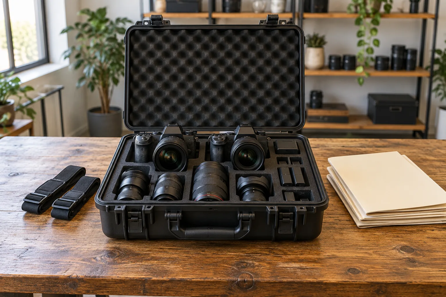 Open camera case beside blank planning folders