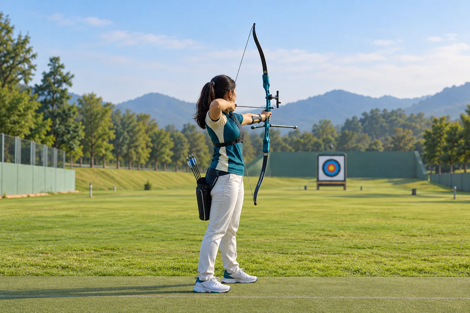 Archer aiming at a target on an outdoor range