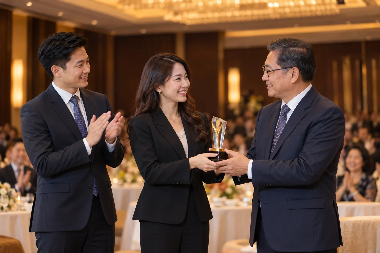 Three people presenting a trophy at a company awards event
