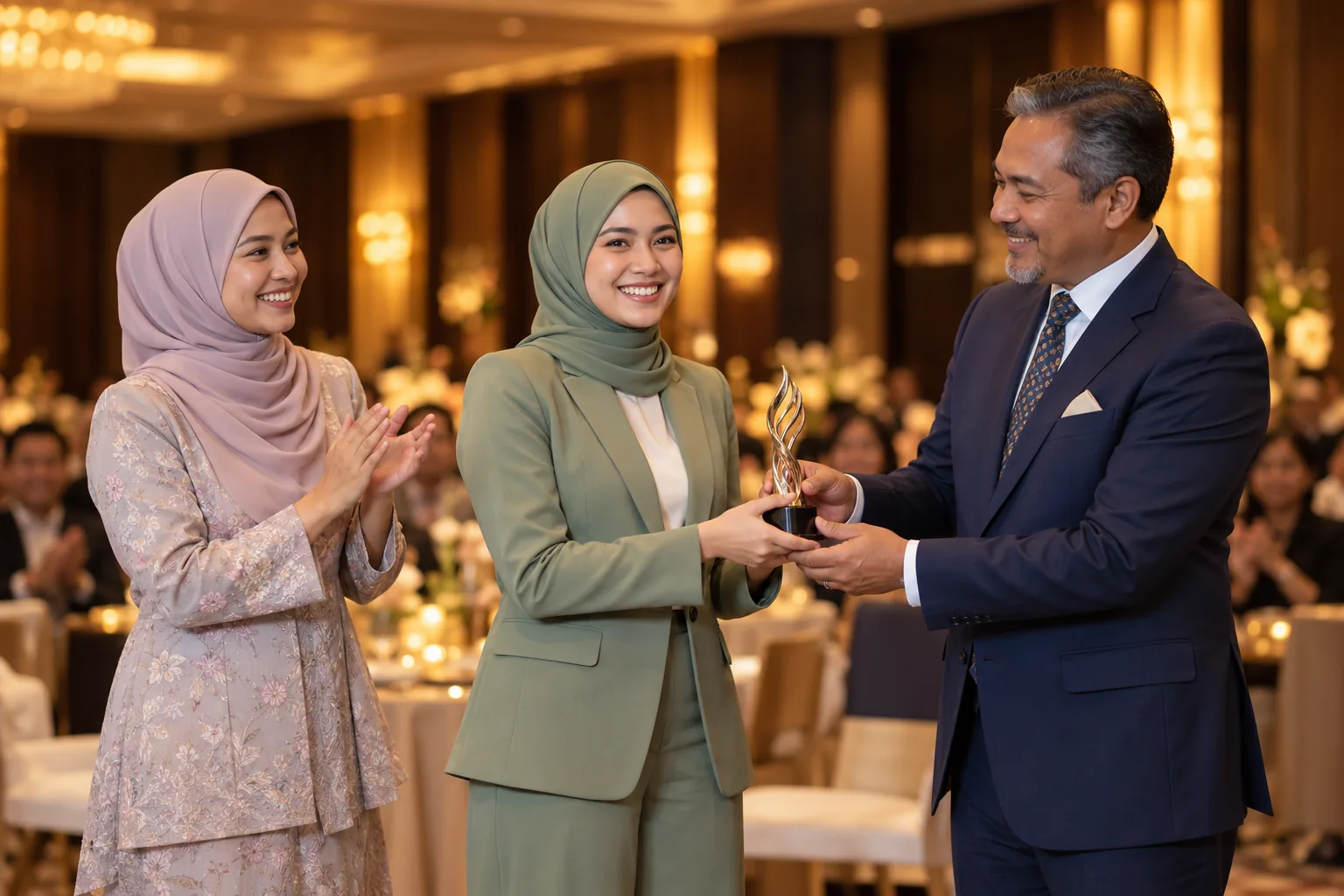 Tiga orang menyerahkan trofi dalam majlis anugerah syarikat