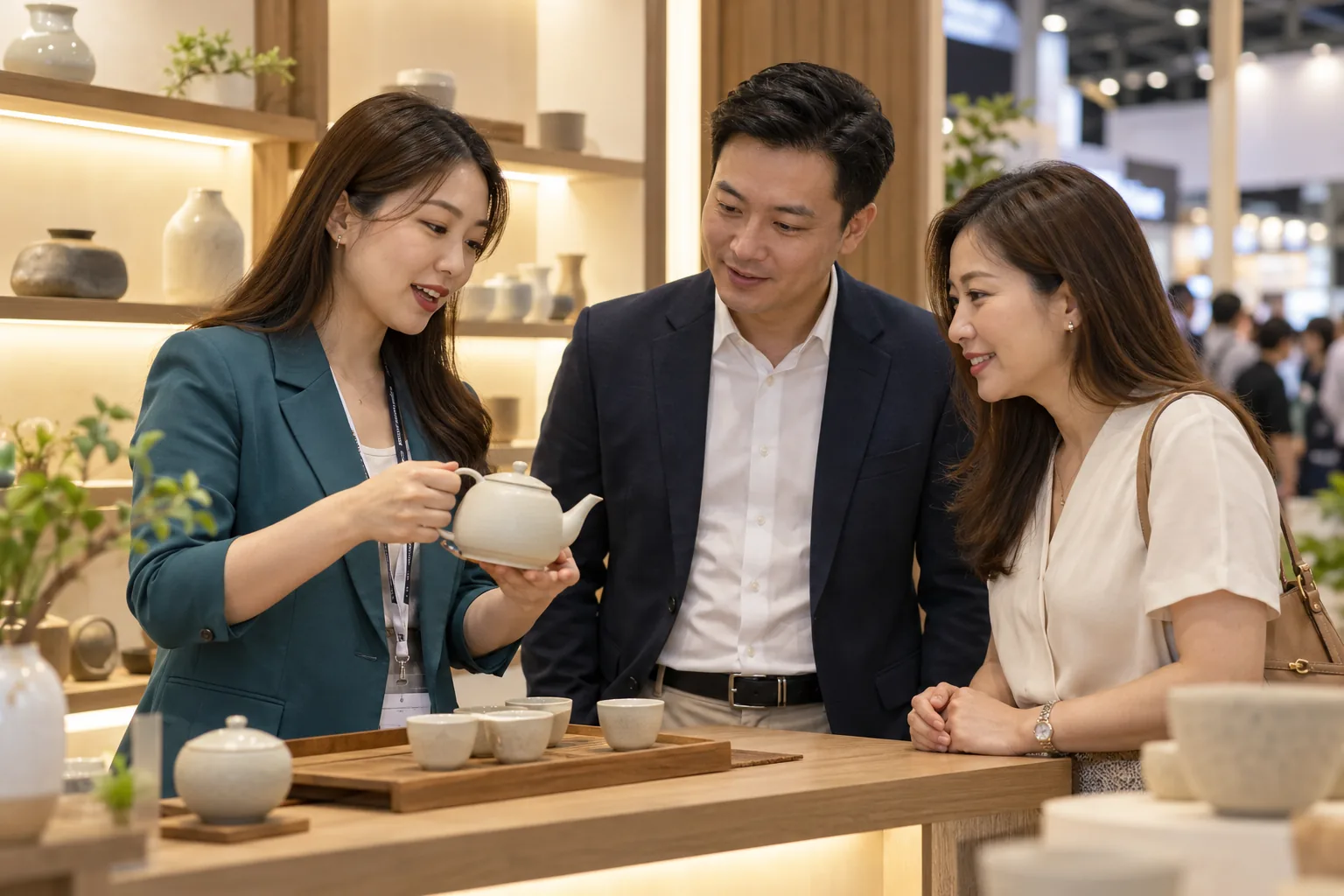 Visitors engaging with a product display at an exhibition booth