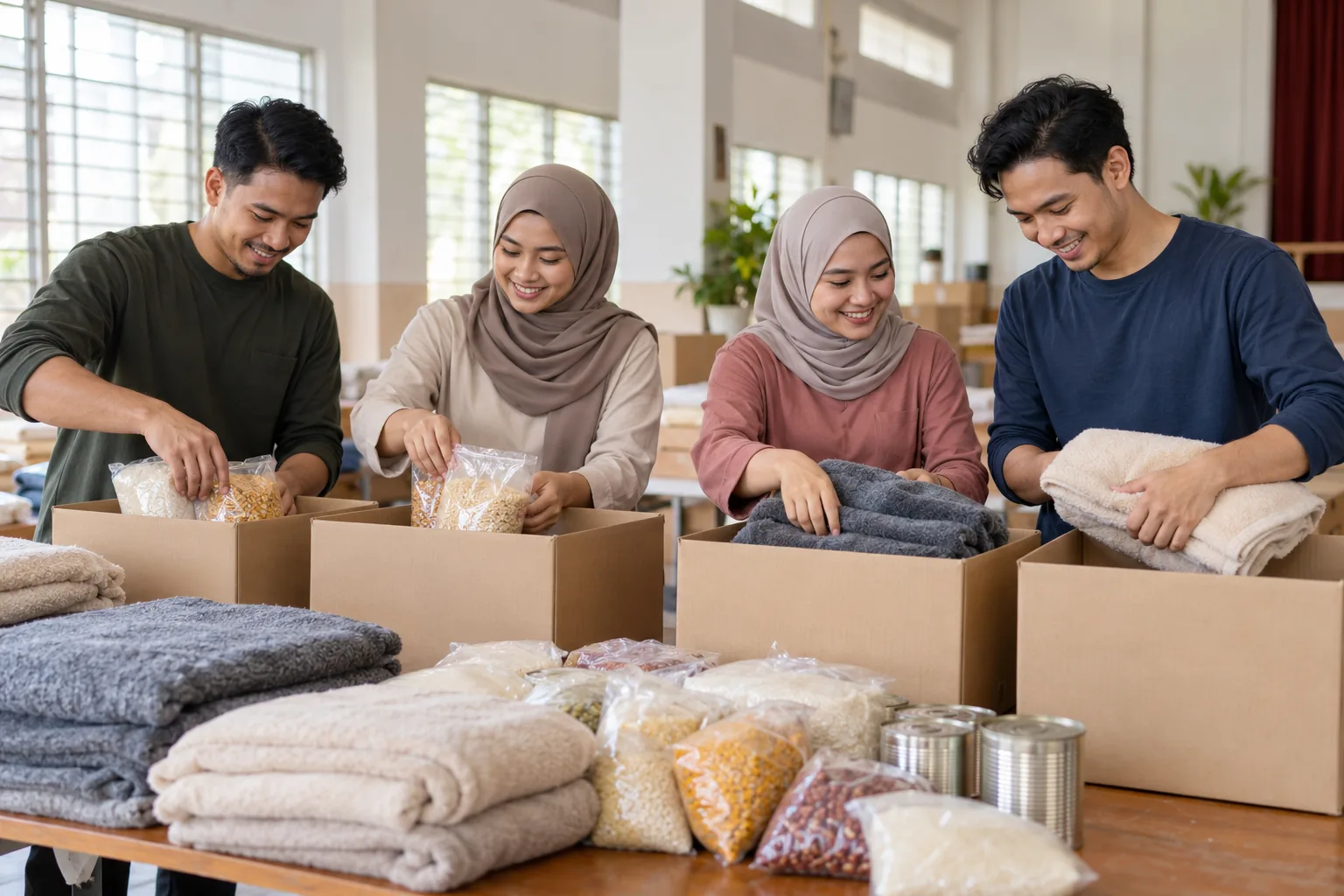 Sukarelawan menyusun barangan sumbangan dalam acara amal