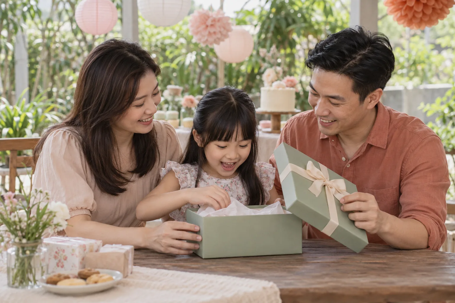 Parents watching their child open a birthday gift