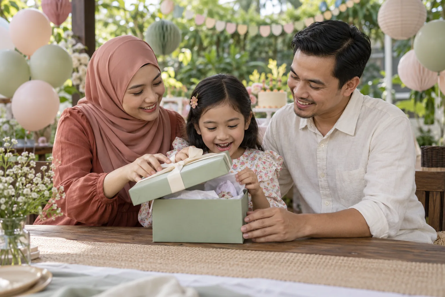 Ibu bapa melihat anak membuka hadiah hari lahir