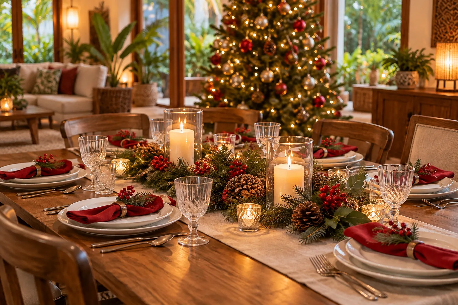 Table set for a Christmas family dinner