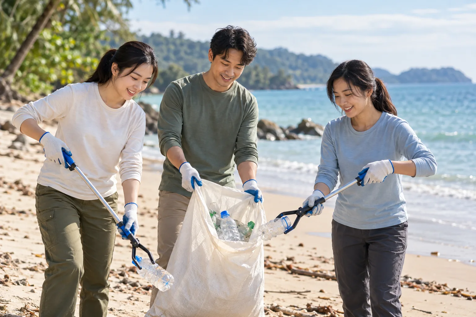 Volunteers collecting litter during a beach cleanup