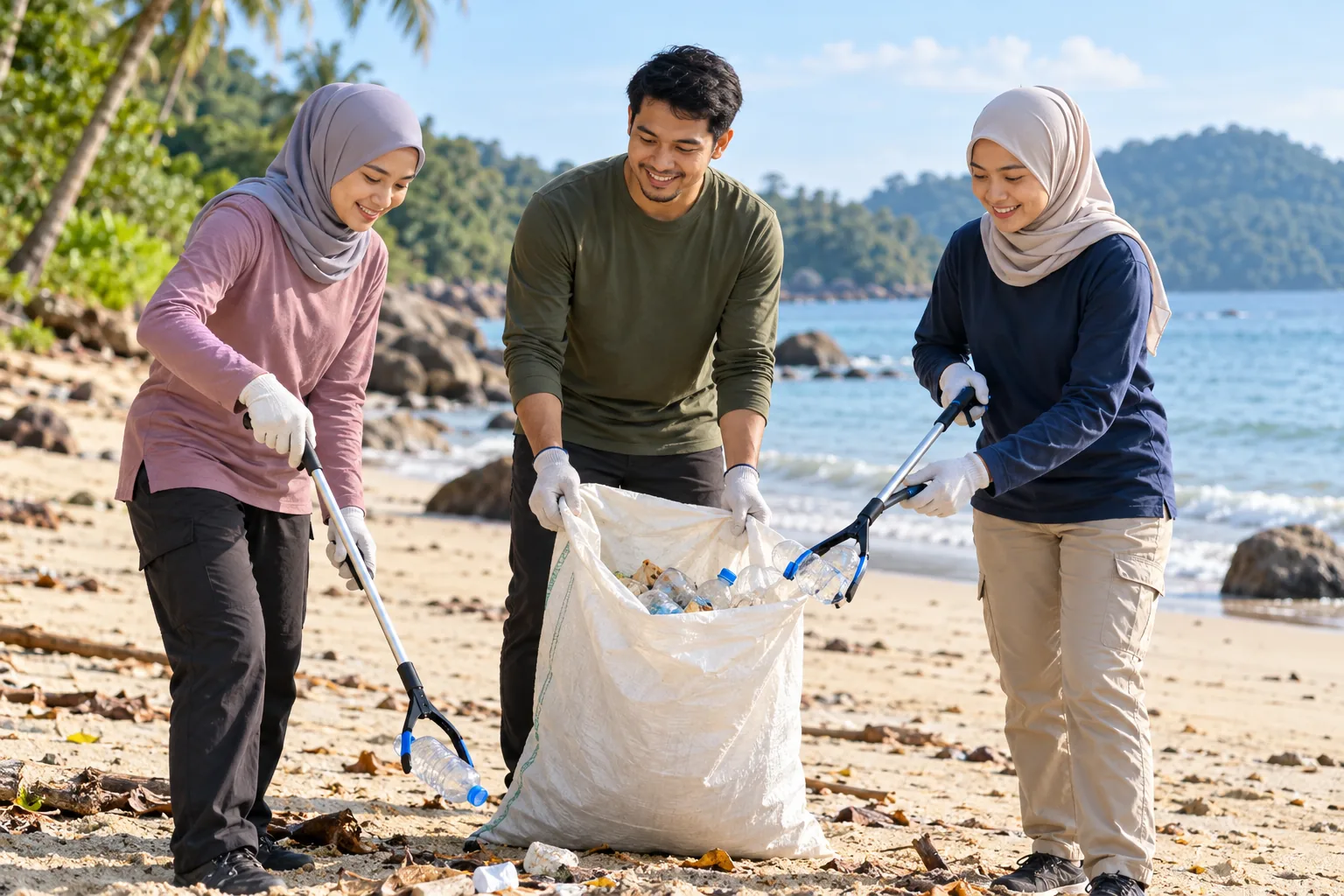 Sukarelawan mengutip sampah semasa gotong-royong di pantai