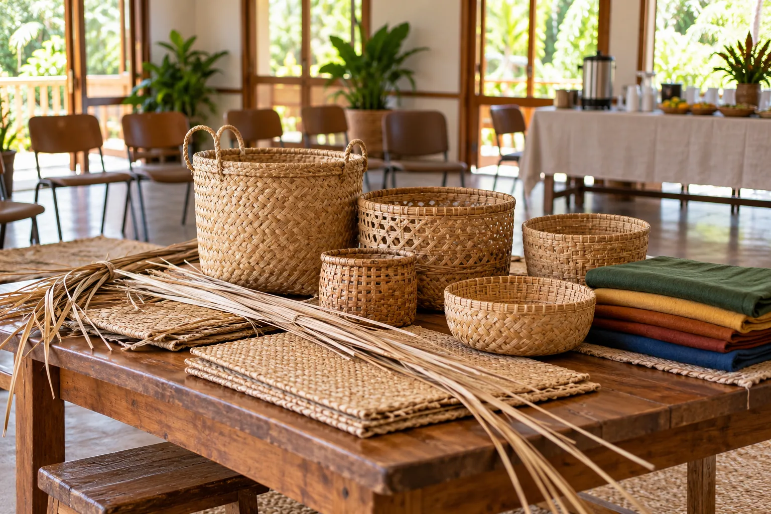 Woven craft materials arranged for a community gathering