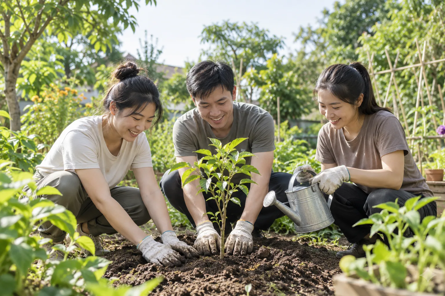 Volunteers planting a community garden