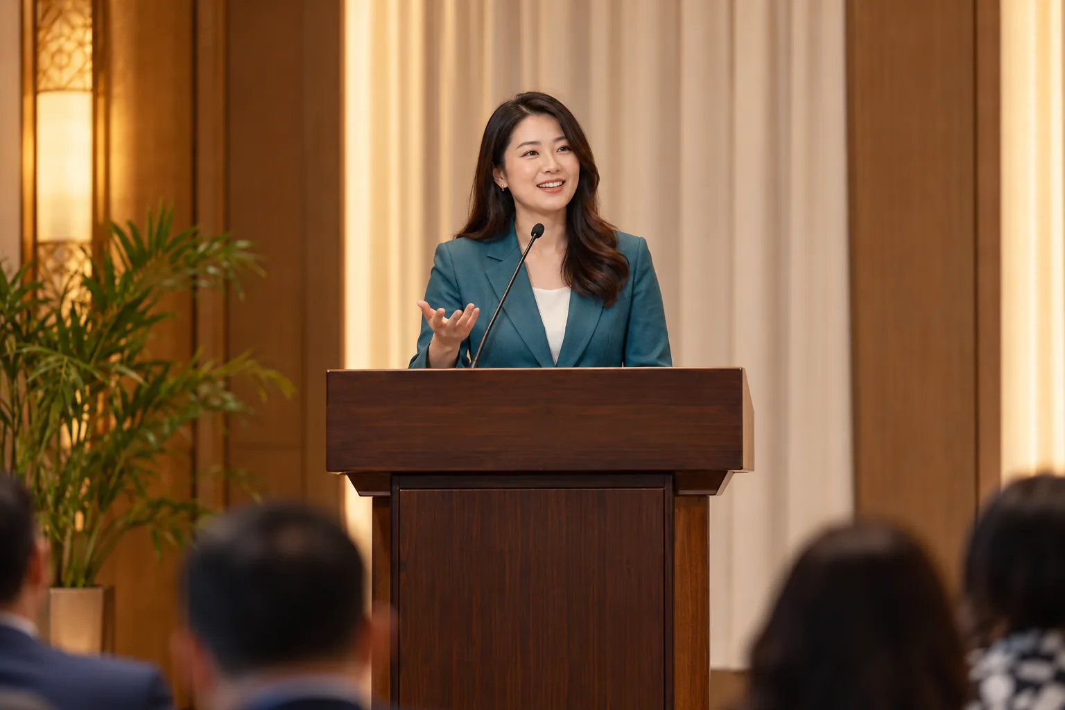 Speaker addressing an audience from a conference podium