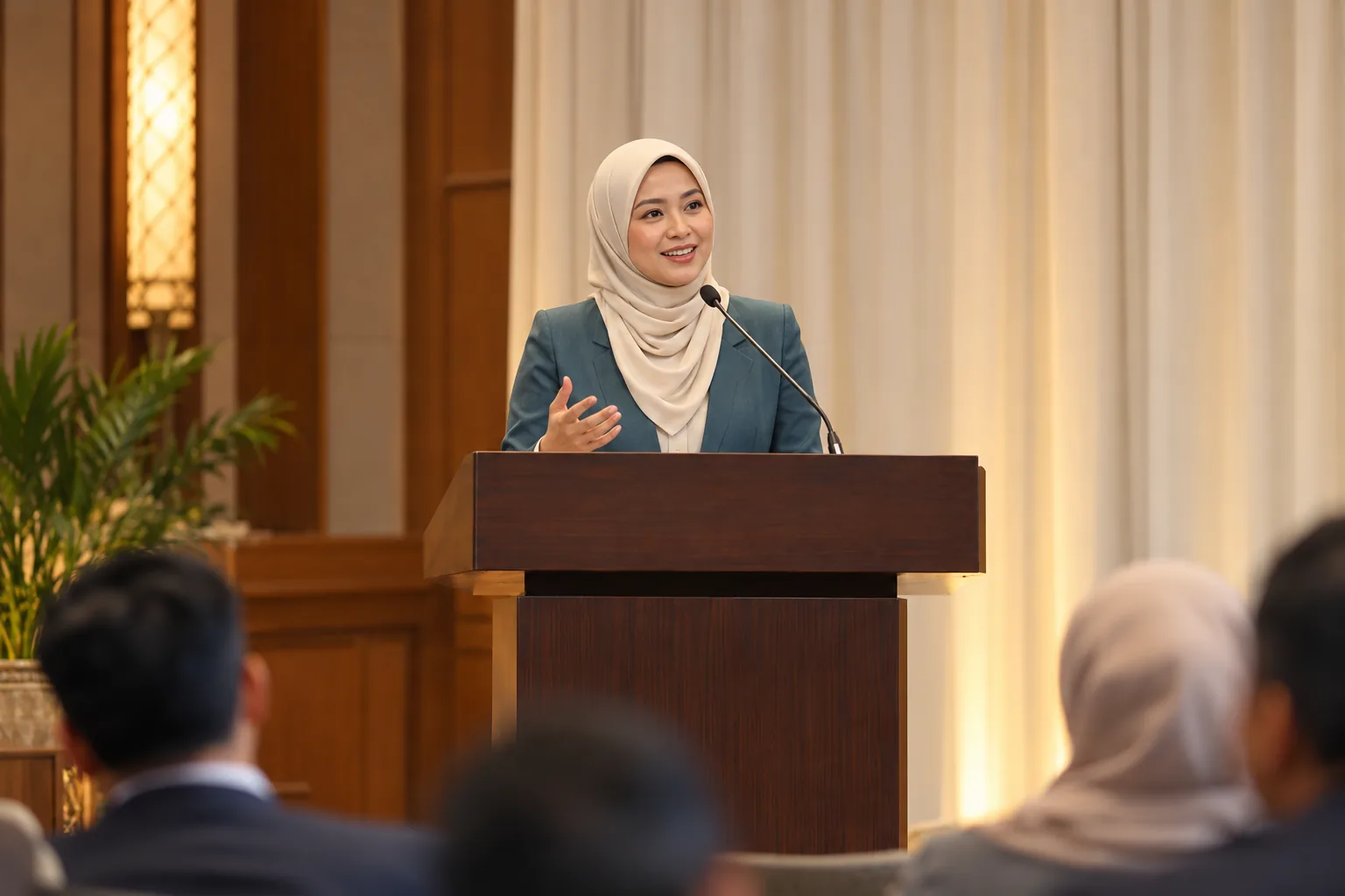 Penceramah berucap di podium persidangan di hadapan hadirin