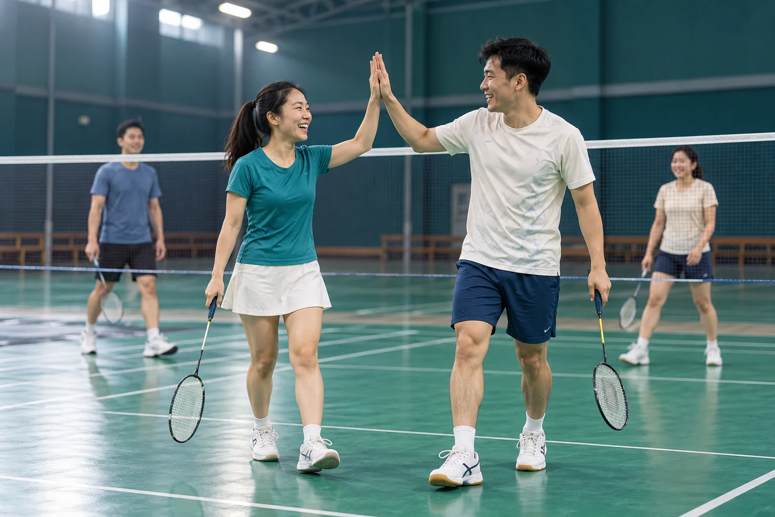 Players celebrating together on an indoor sports court