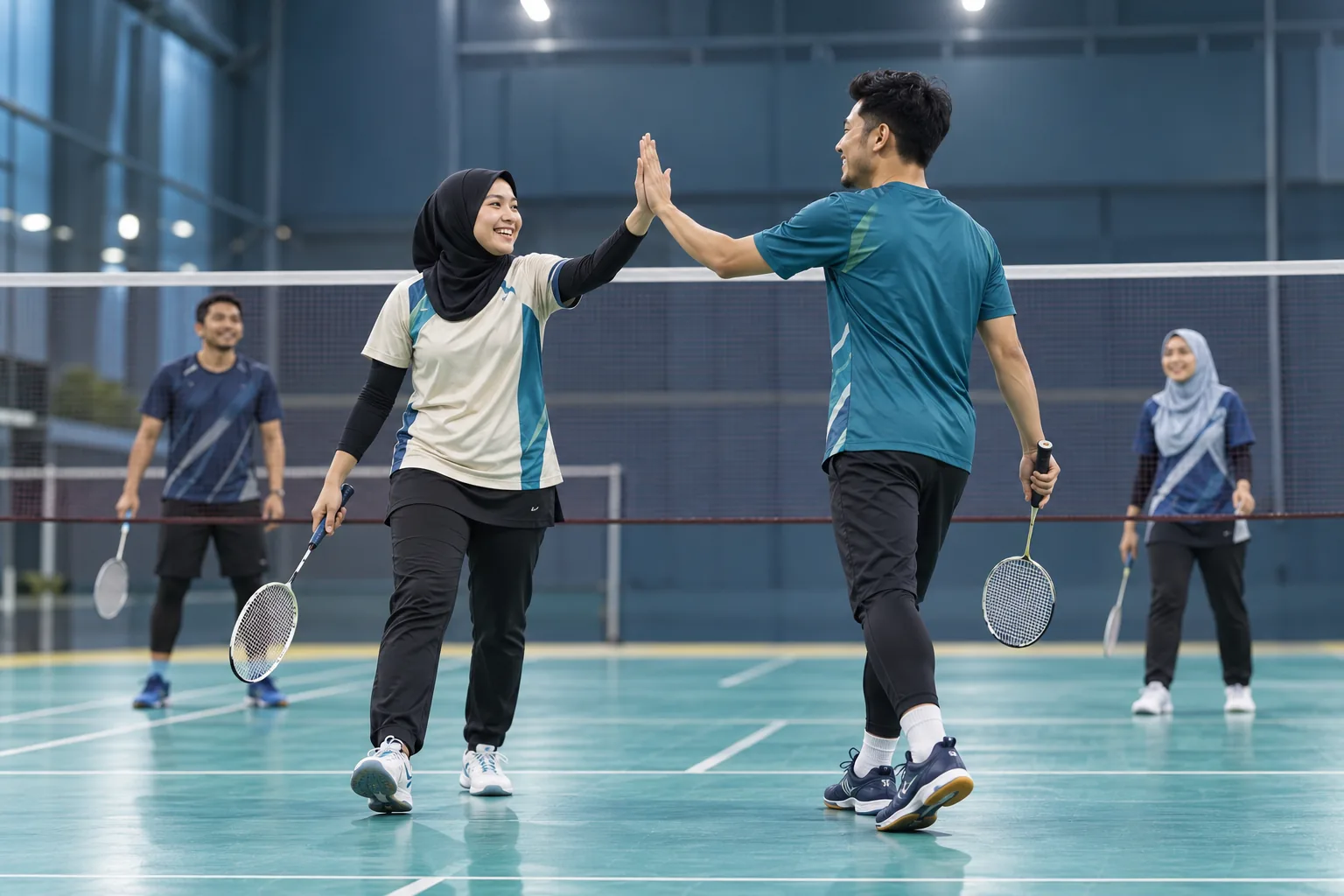 Pemain meraikan kejayaan bersama di gelanggang sukan tertutup