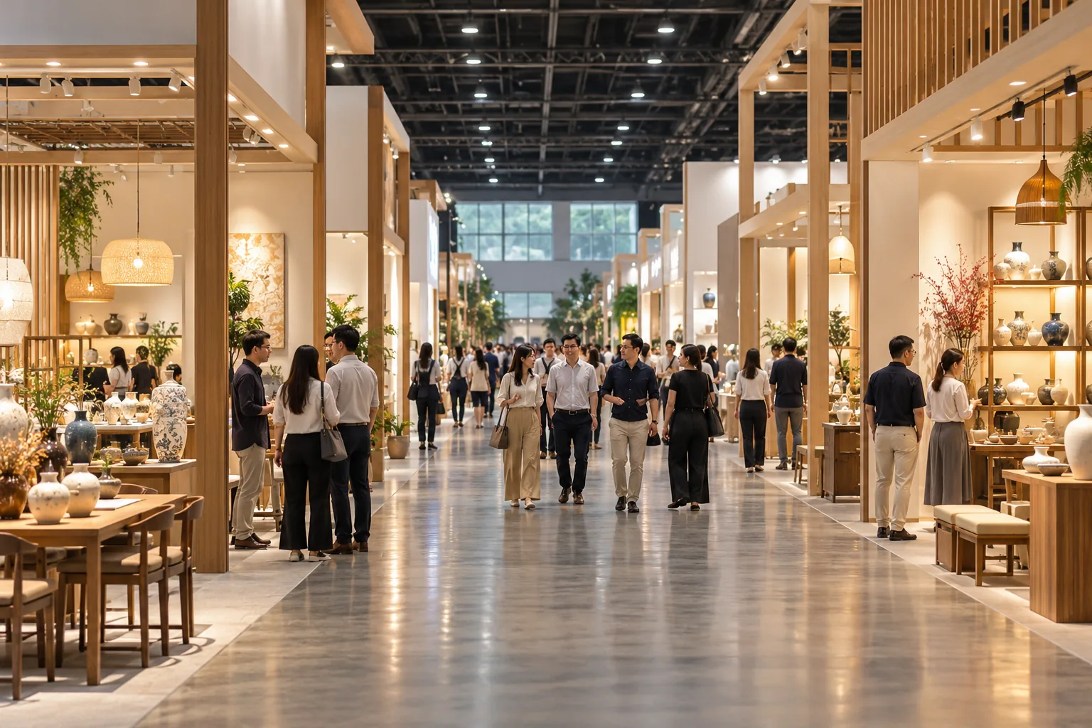 Visitors exploring booths in an exhibition hall