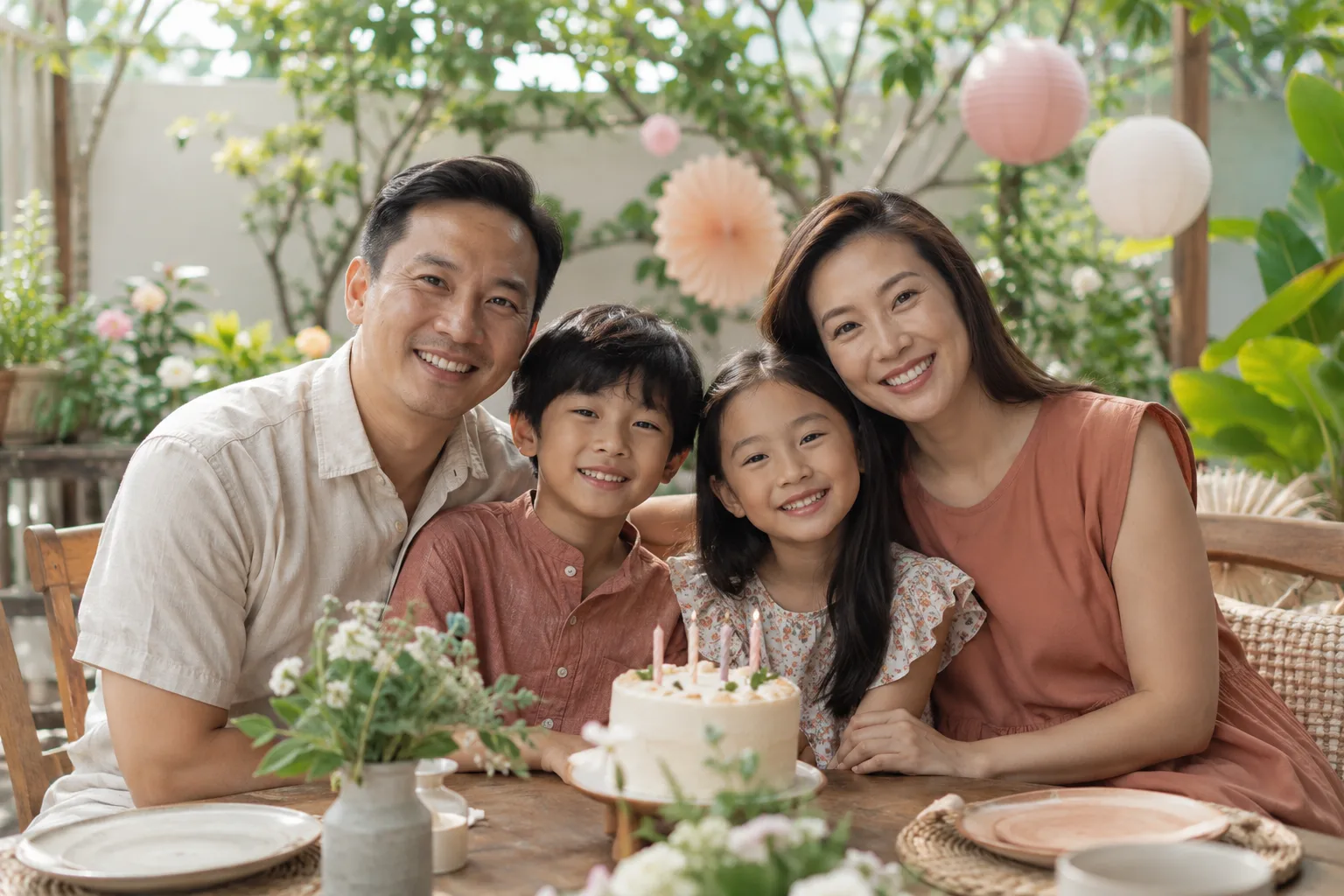 Parents and children celebrating a birthday around a cake