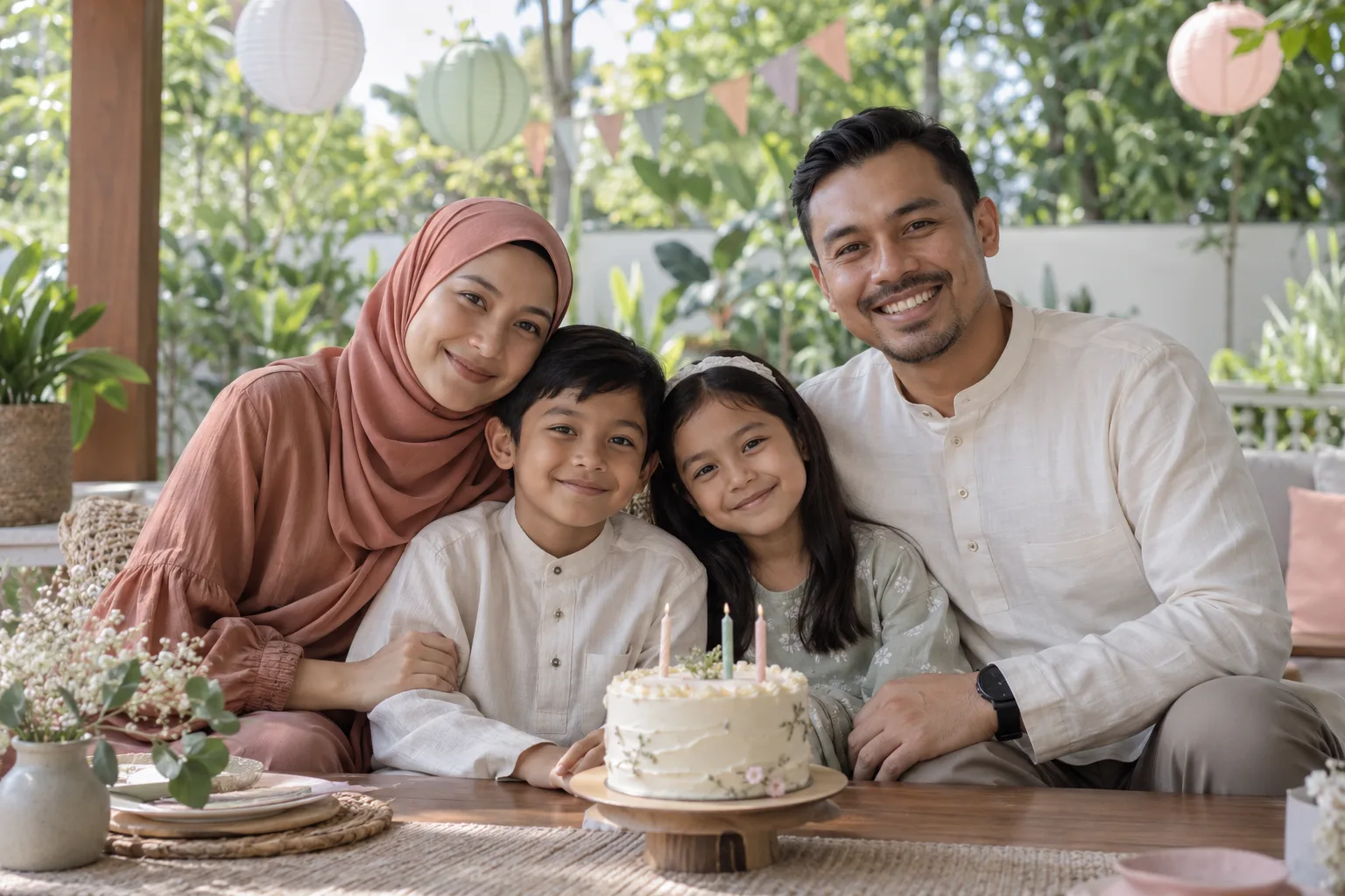 Ibu bapa dan anak-anak meraikan hari lahir di sekeliling kek