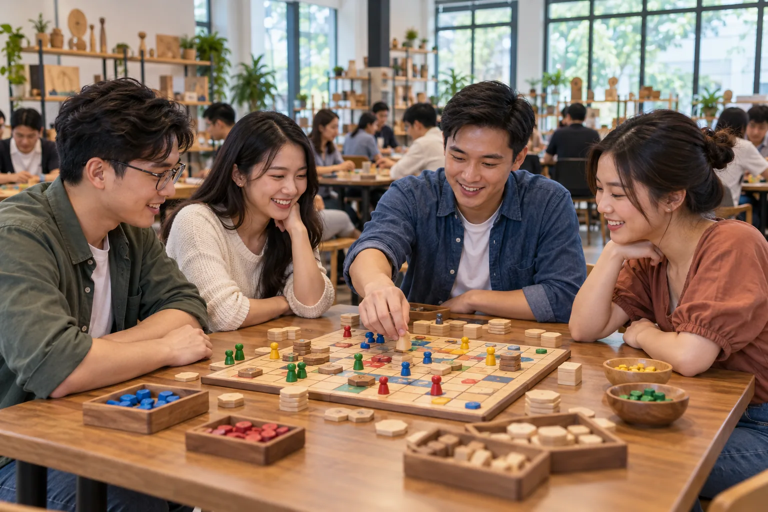 Adults playing a board game at a fan gathering