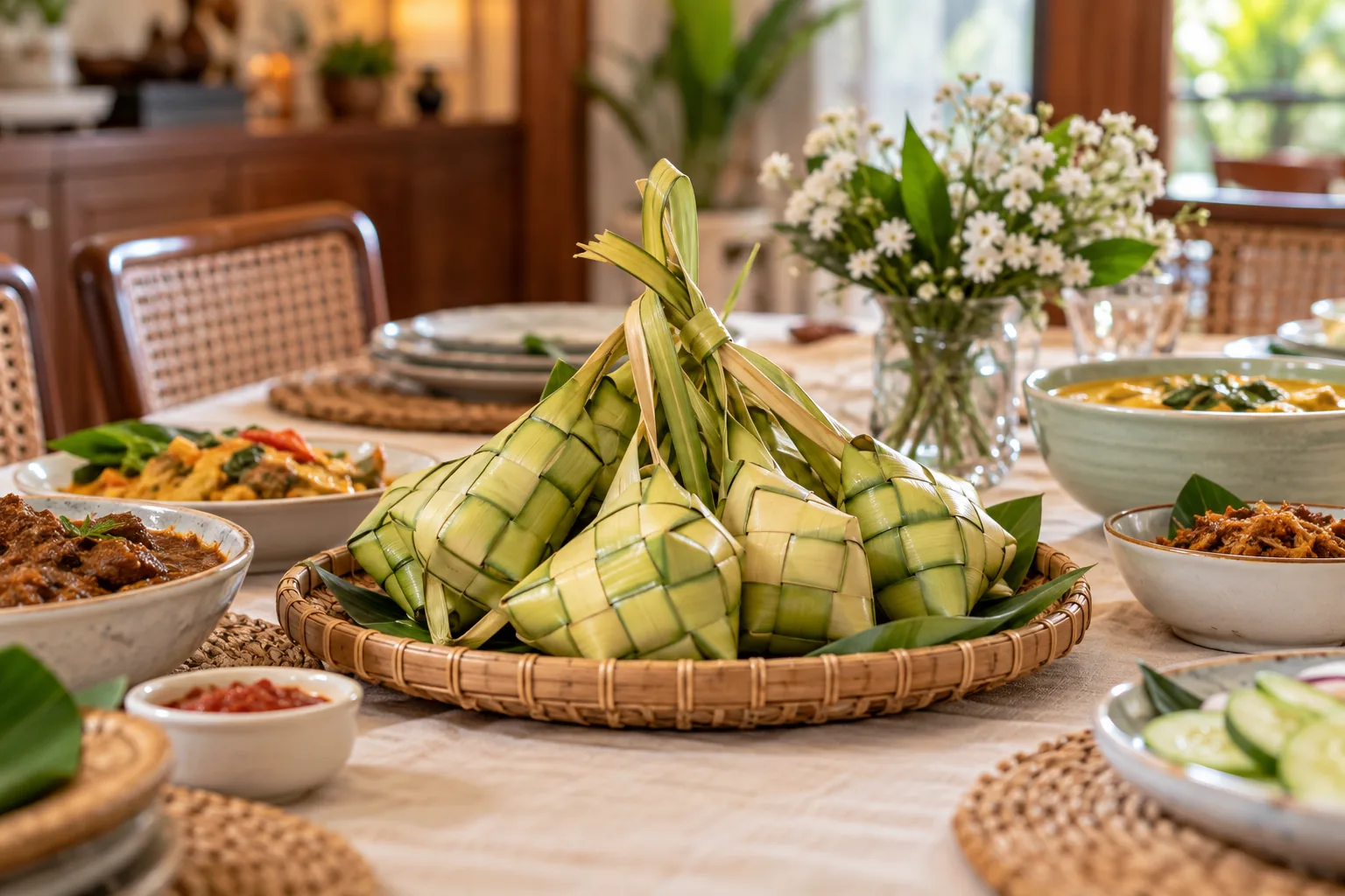 Ketupat and dishes prepared for a festive family gathering
