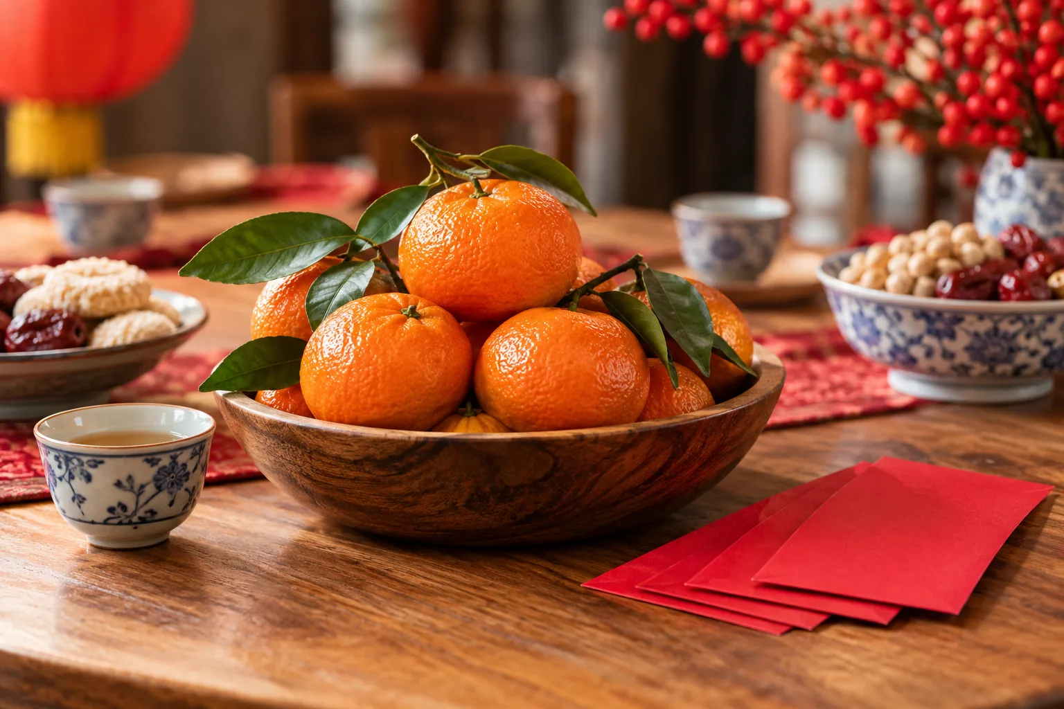 Mandarin oranges and red envelopes on a festive table