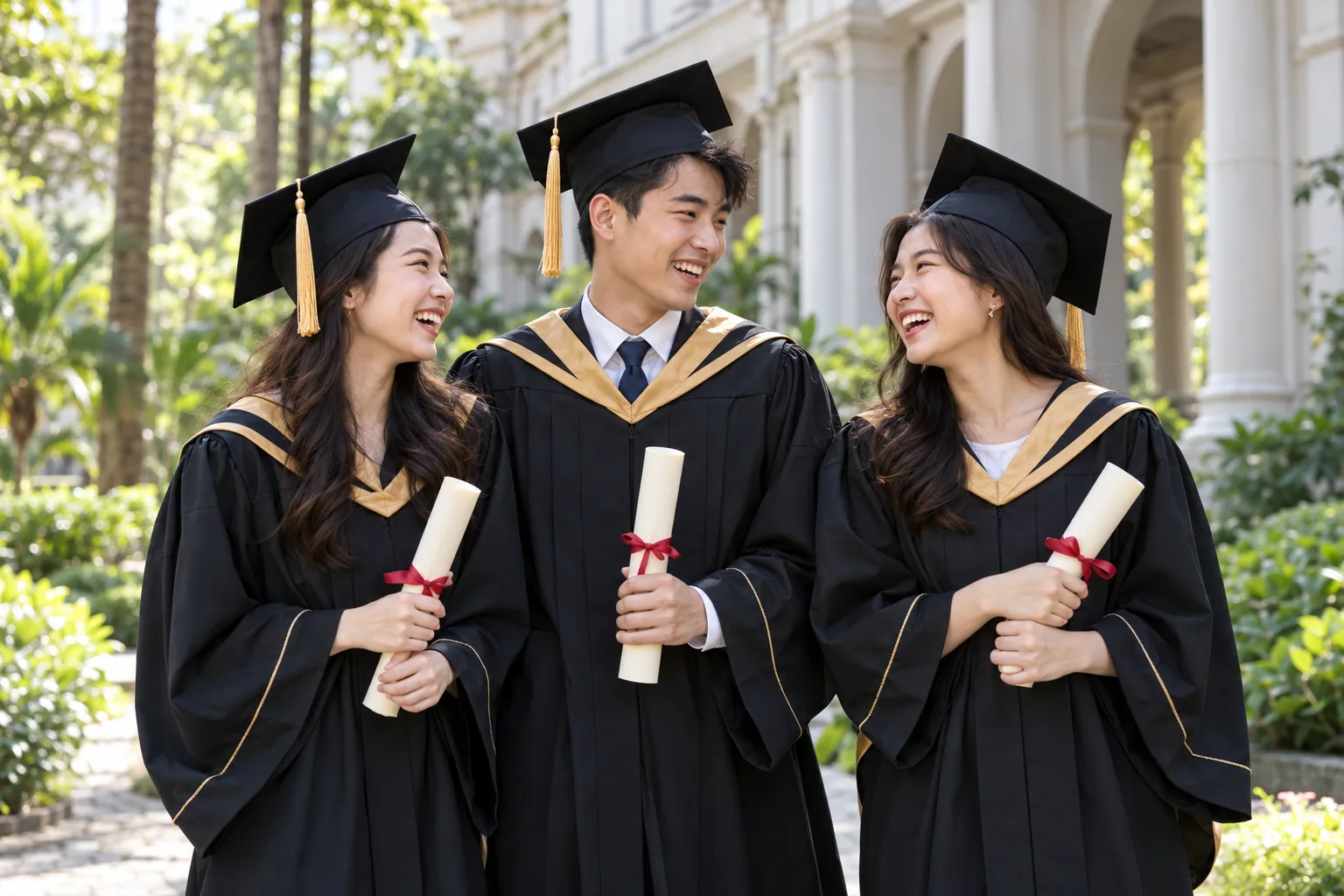 Three university graduates celebrating in gowns