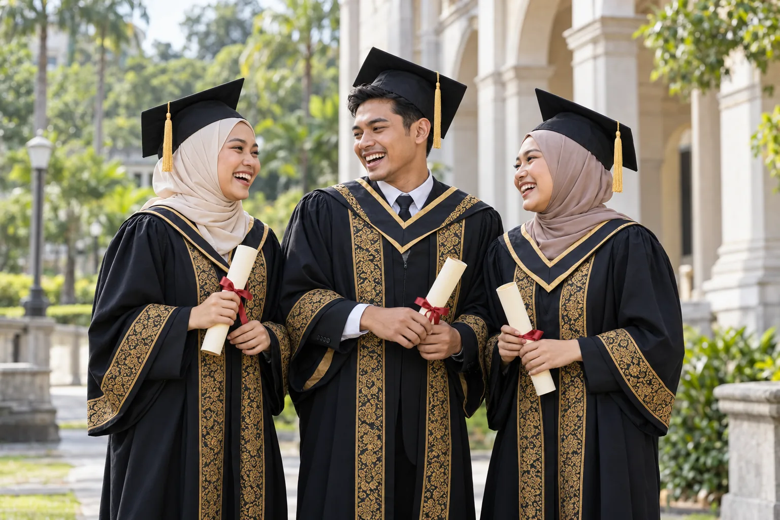 Tiga graduan universiti meraikan hari tamat pengajian dengan jubah