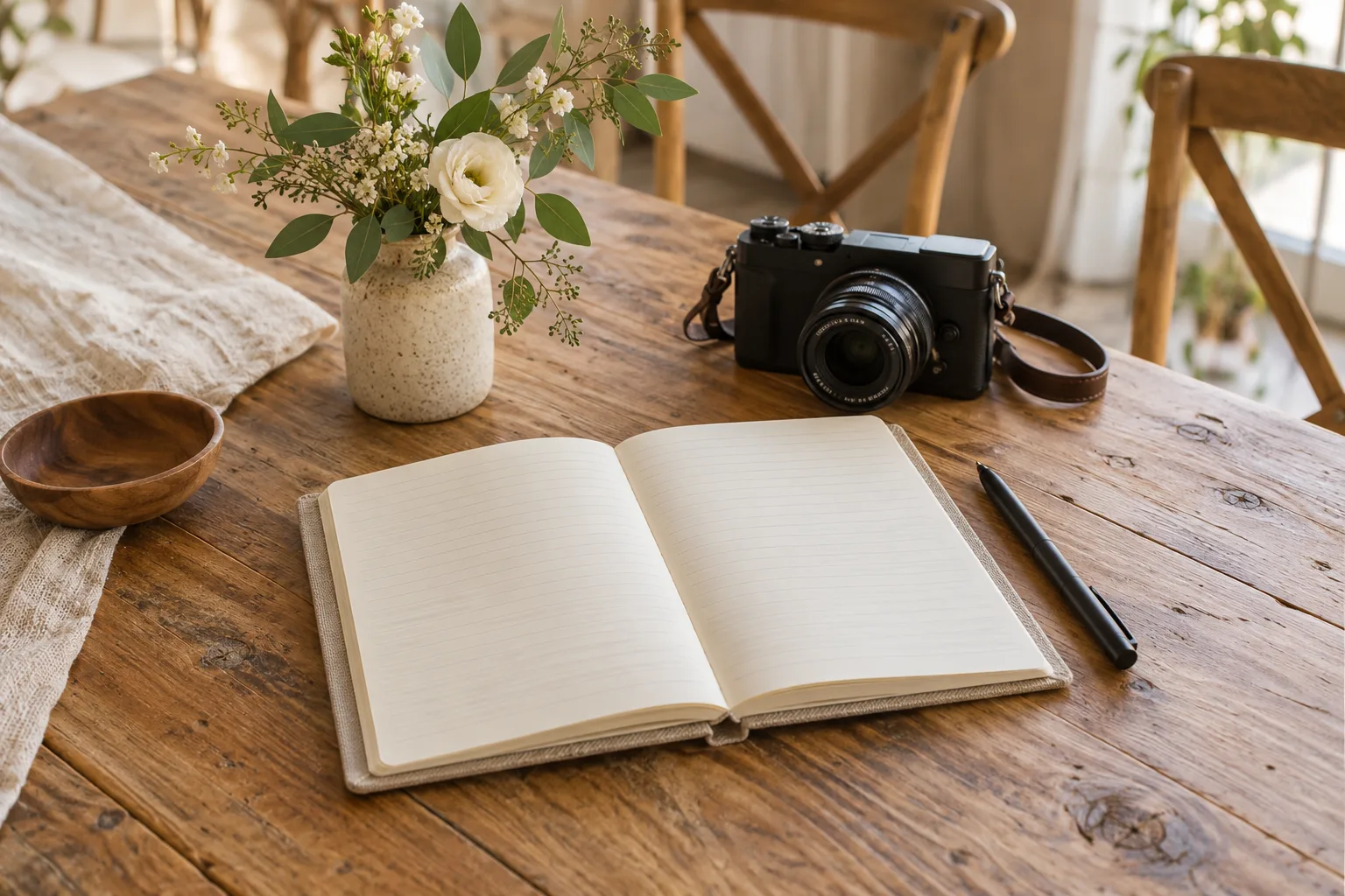 Buku nota perancangan fotografi di sebelah kamera
