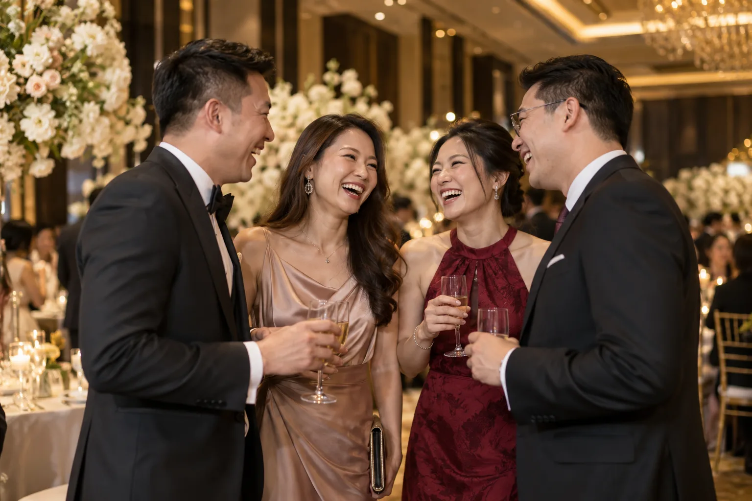 Guests celebrating together at a ballroom reception