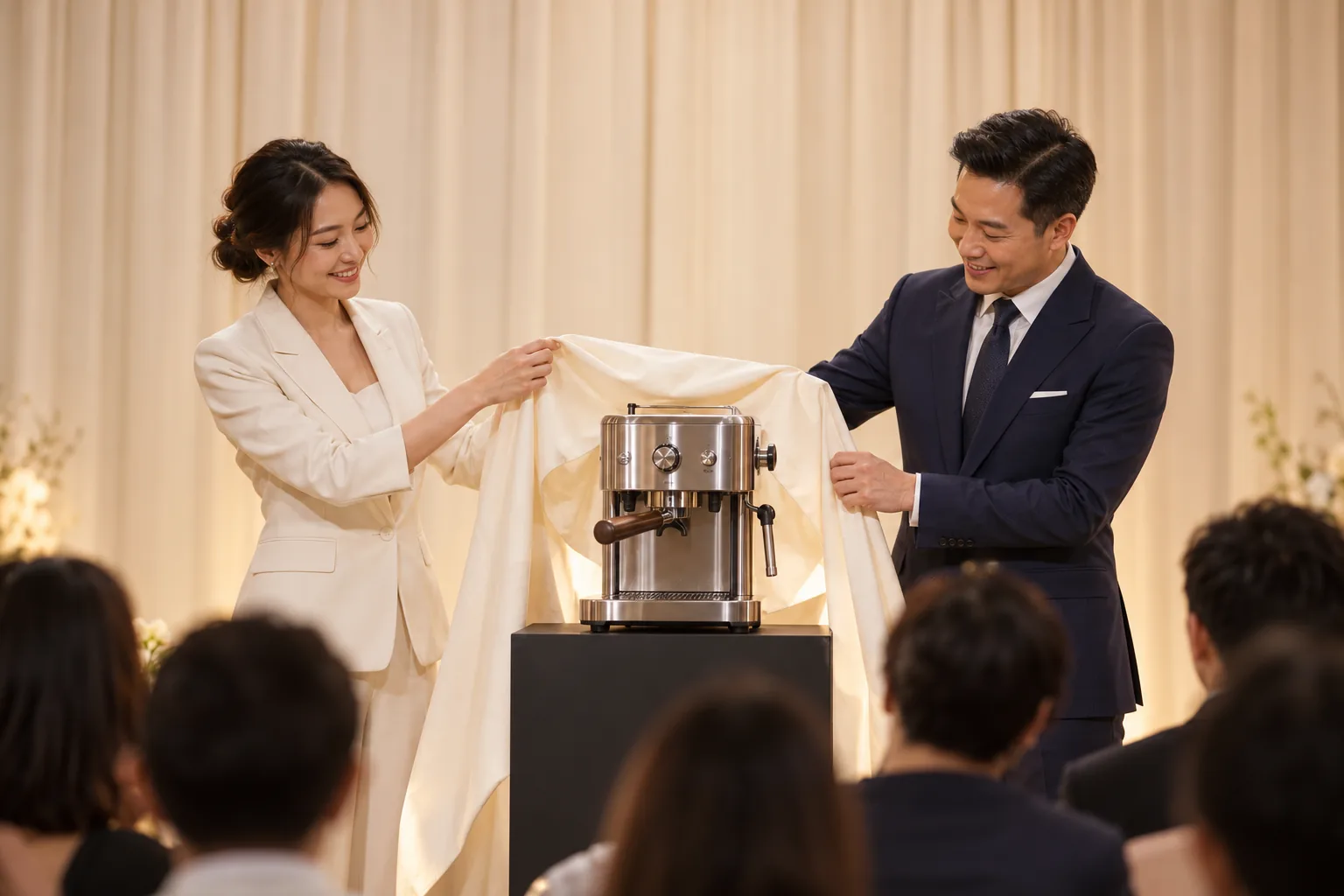 Presenters unveiling an espresso appliance at a product launch