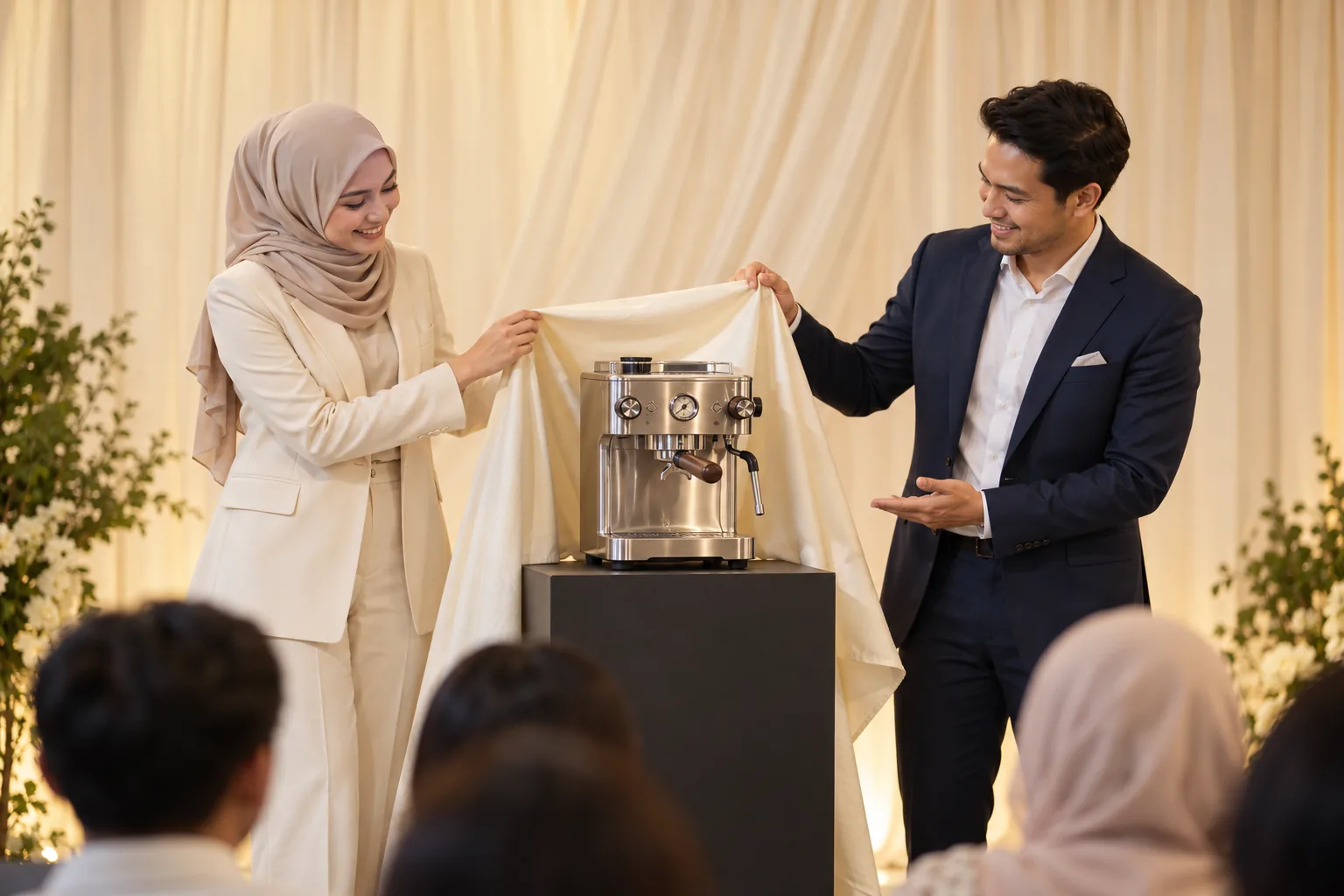 Pembentang memperkenalkan mesin espreso dalam acara pelancaran produk