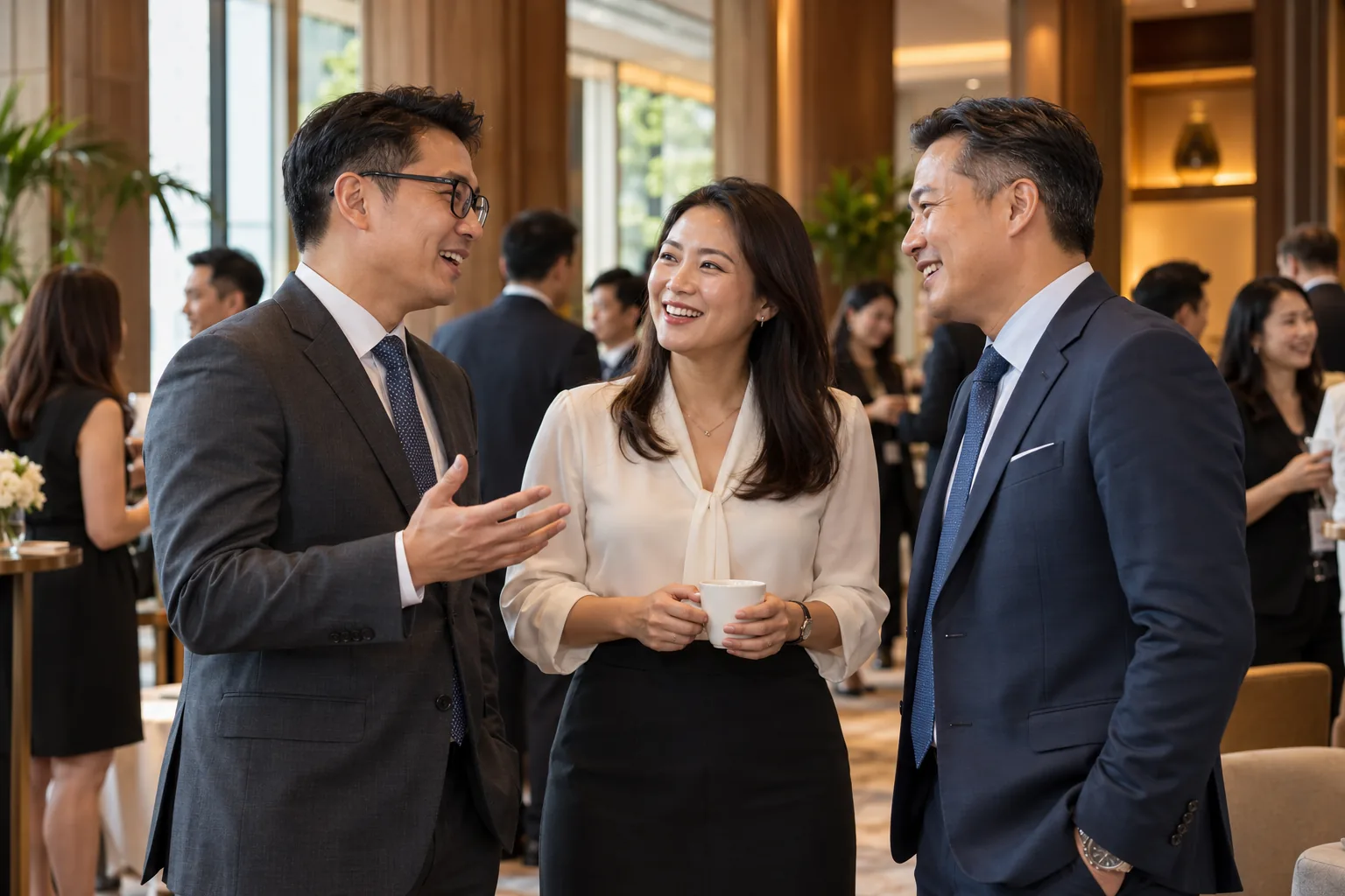 Professionals talking in a small group at a networking event