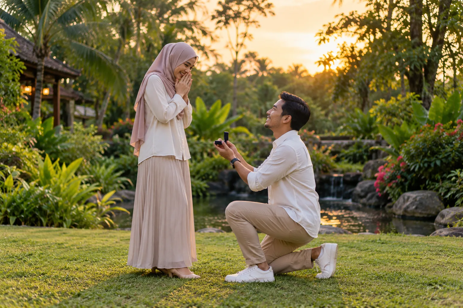 Seseorang menunjukkan kotak cincin kepada pasangan semasa lamaran