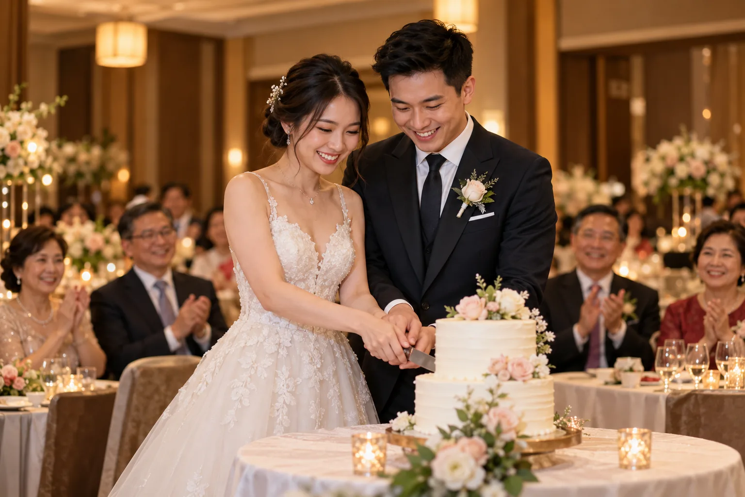 Couple celebrating with guests at a wedding reception