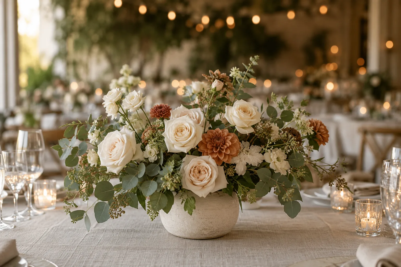 Floral centrepiece photographed with a softly blurred background