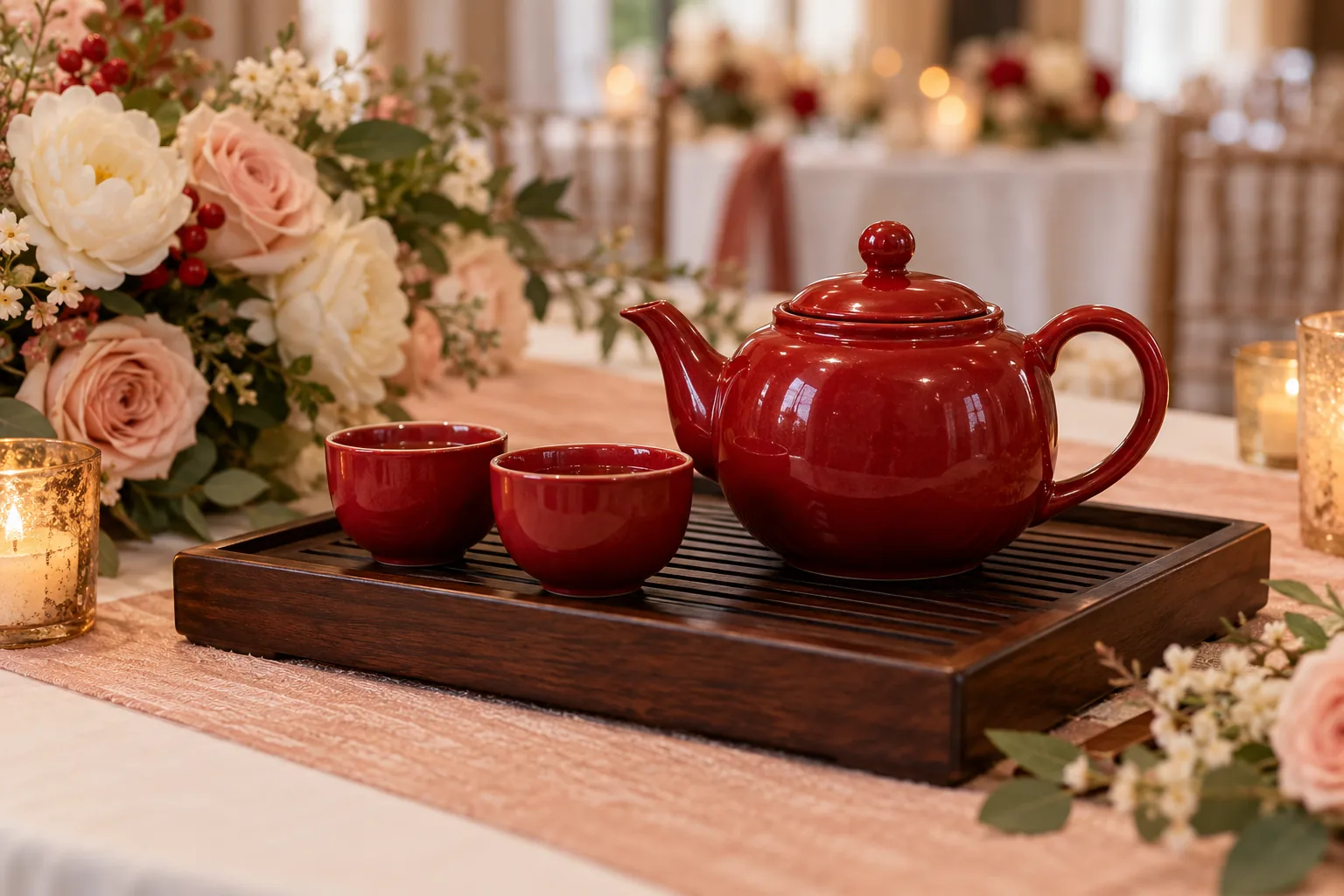 Tea cups and teapot arranged for a wedding tea ceremony