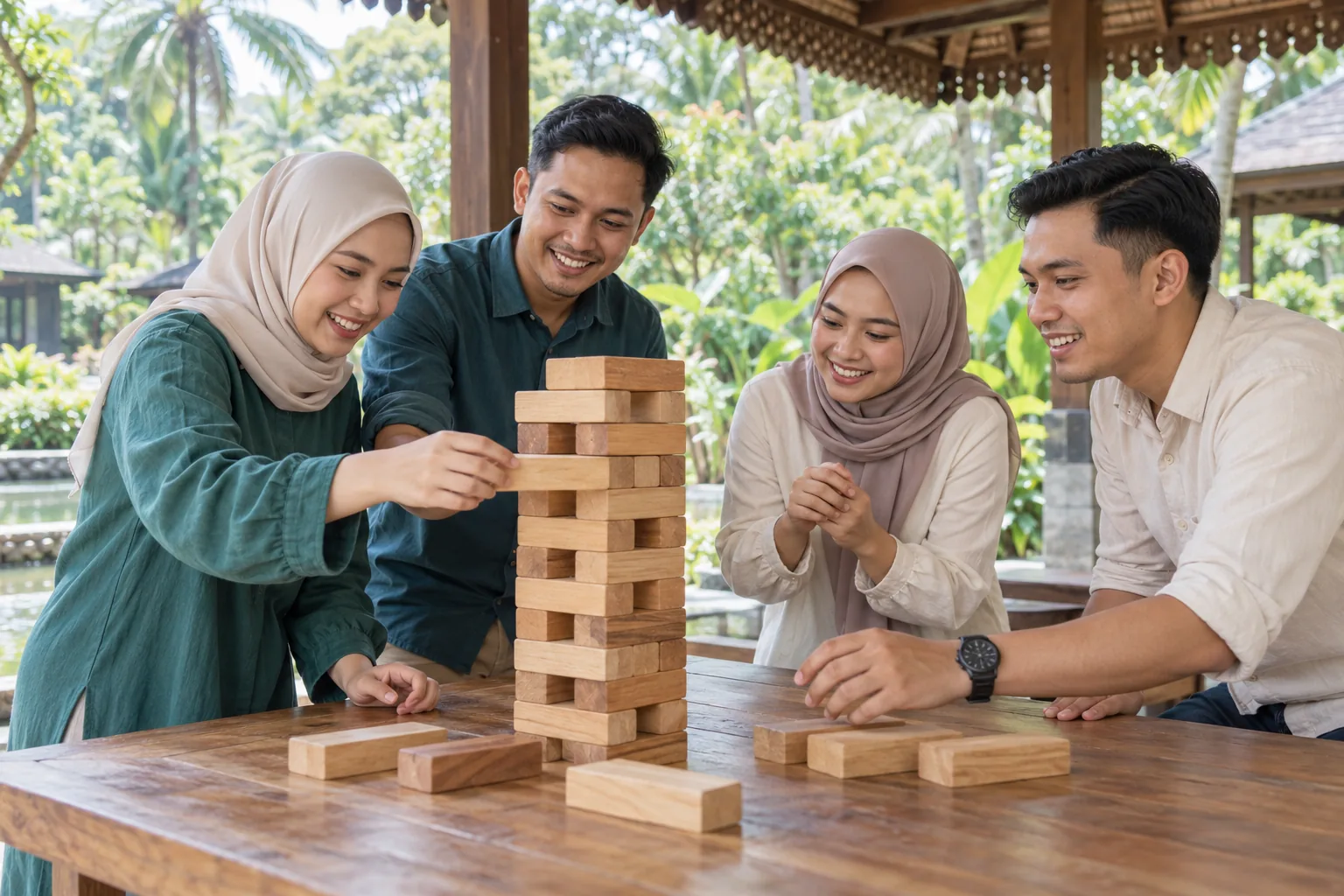 Rakan sekerja menyertai aktiviti pasukan di luar bangunan