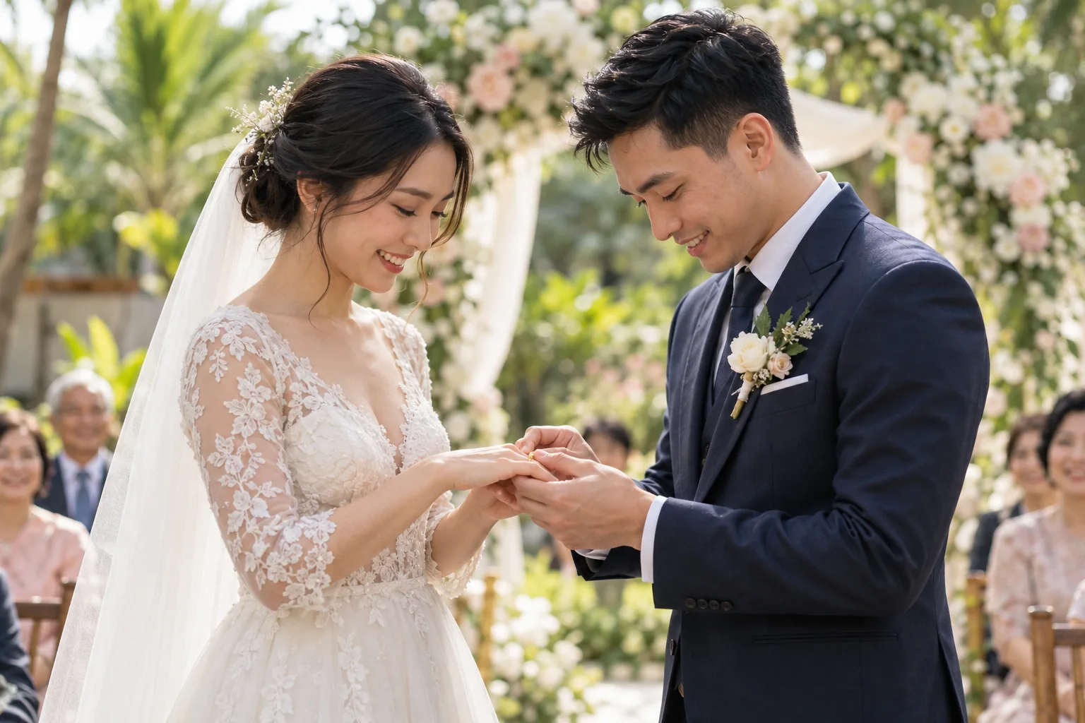 Couple exchanging rings during a wedding ceremony