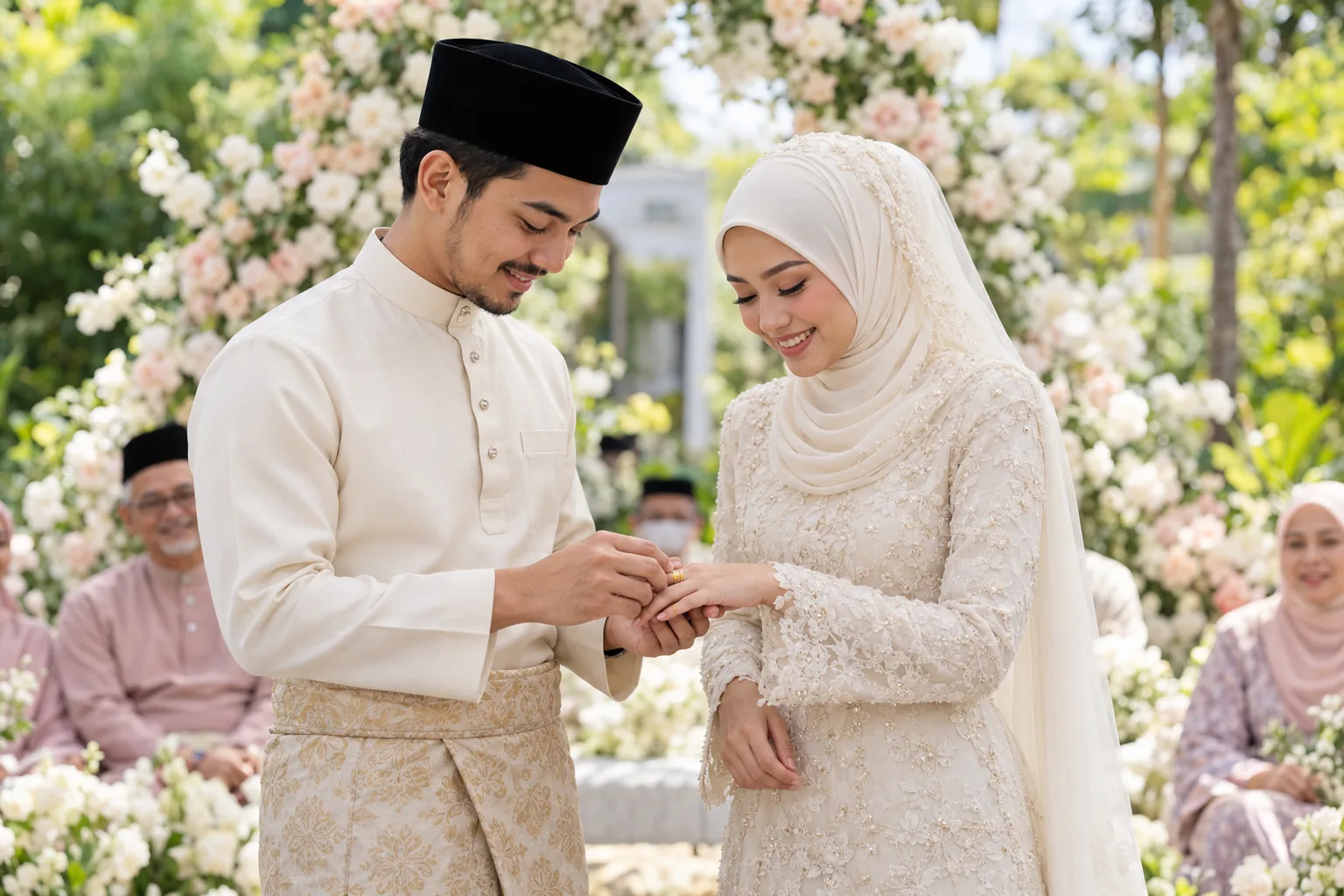 Pasangan pengantin bertukar cincin semasa upacara perkahwinan