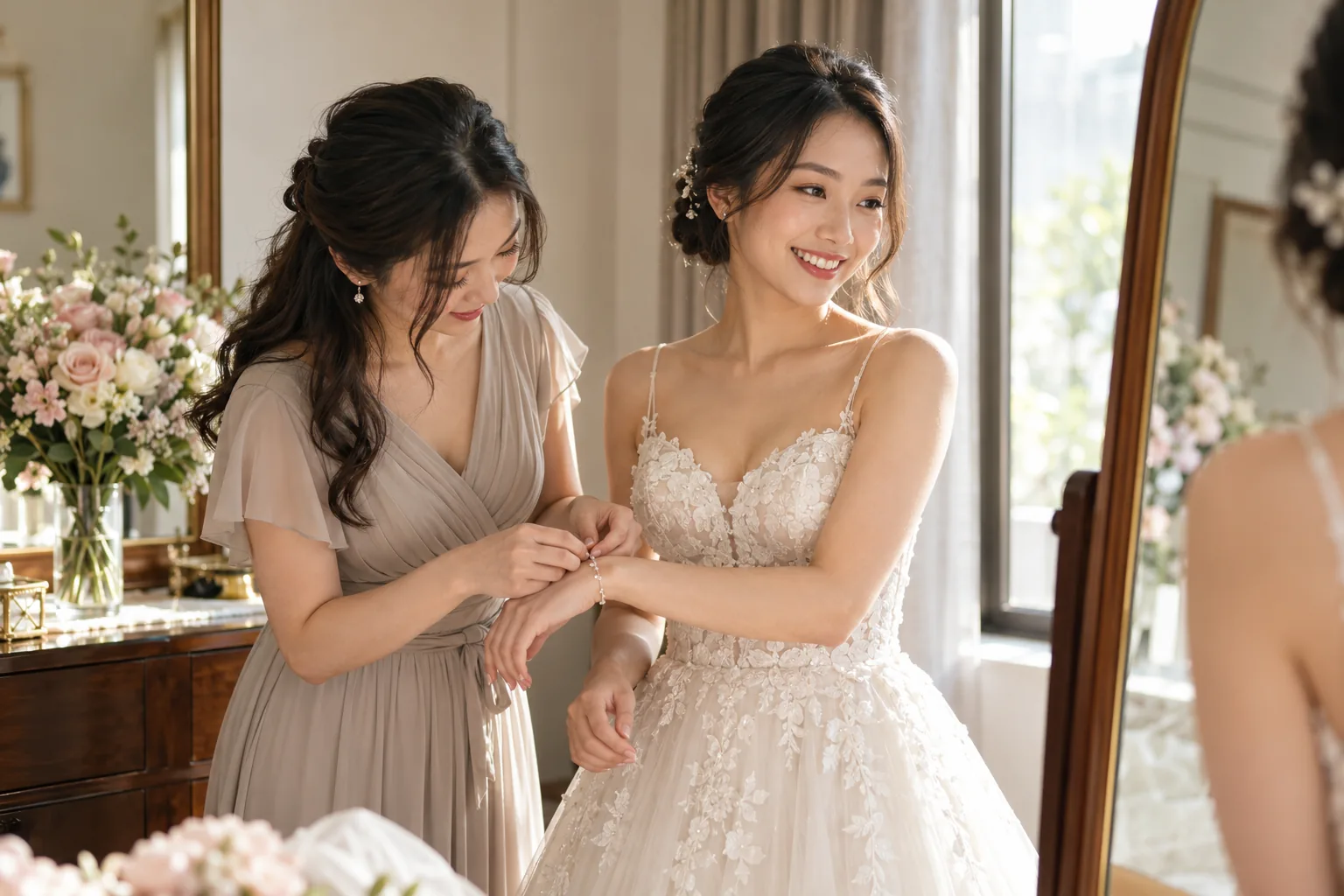 Bride being helped with accessories before her wedding