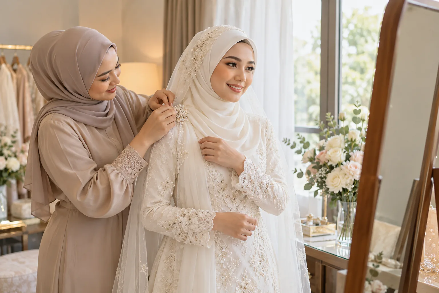 Pengantin perempuan dibantu memakai aksesori sebelum majlis perkahwinan