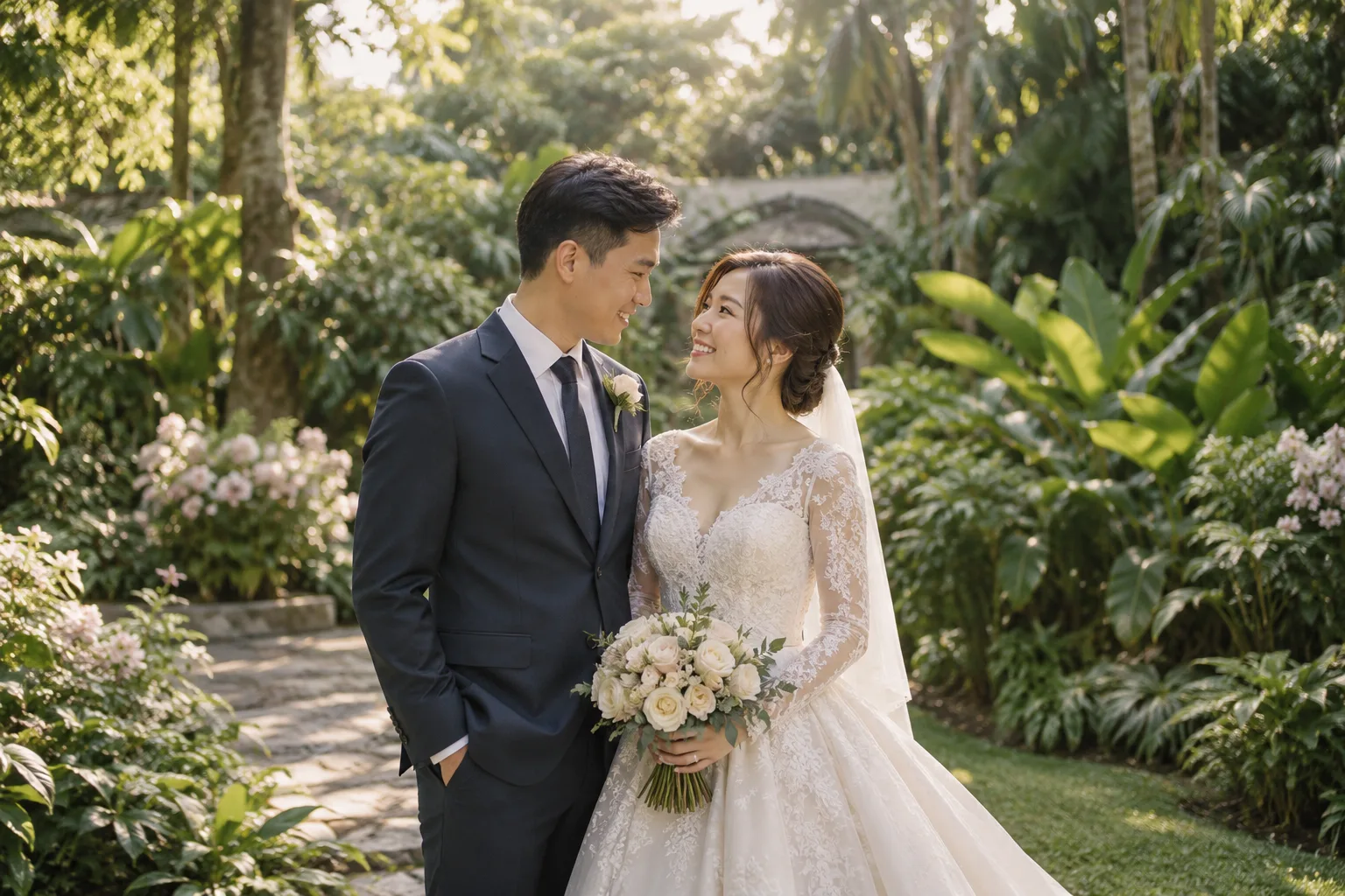 Wedding couple together in a tropical garden