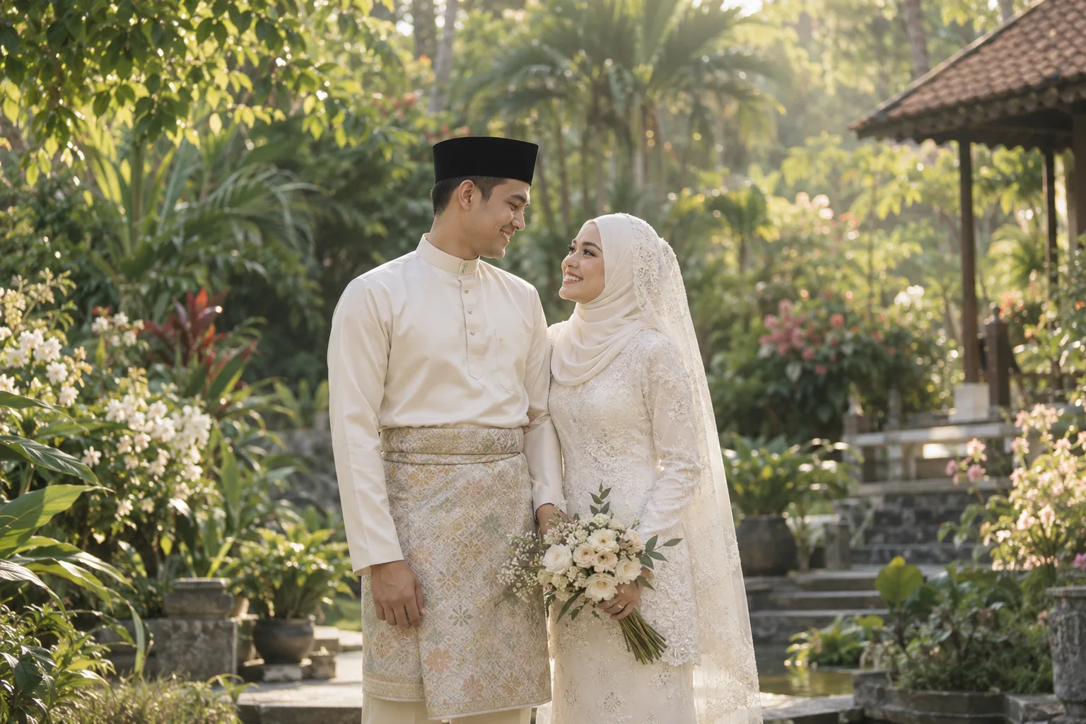 Pasangan pengantin bersama di taman tropika