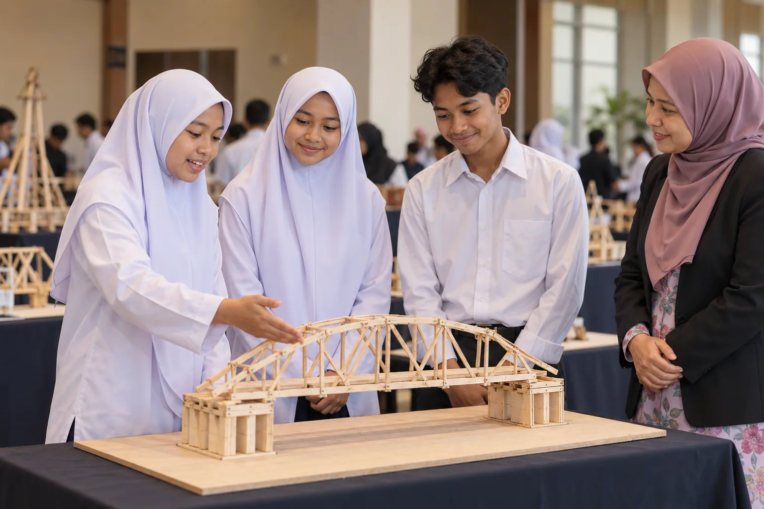 Pelajar mempersembahkan projek fizikal dalam pertandingan